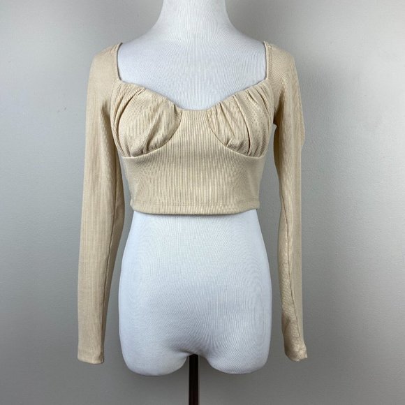 Princess Polly Crop Top 6 Beige Ribbed Knit Sweetheart Ruched Long Sleeve - Picture 10 of 10